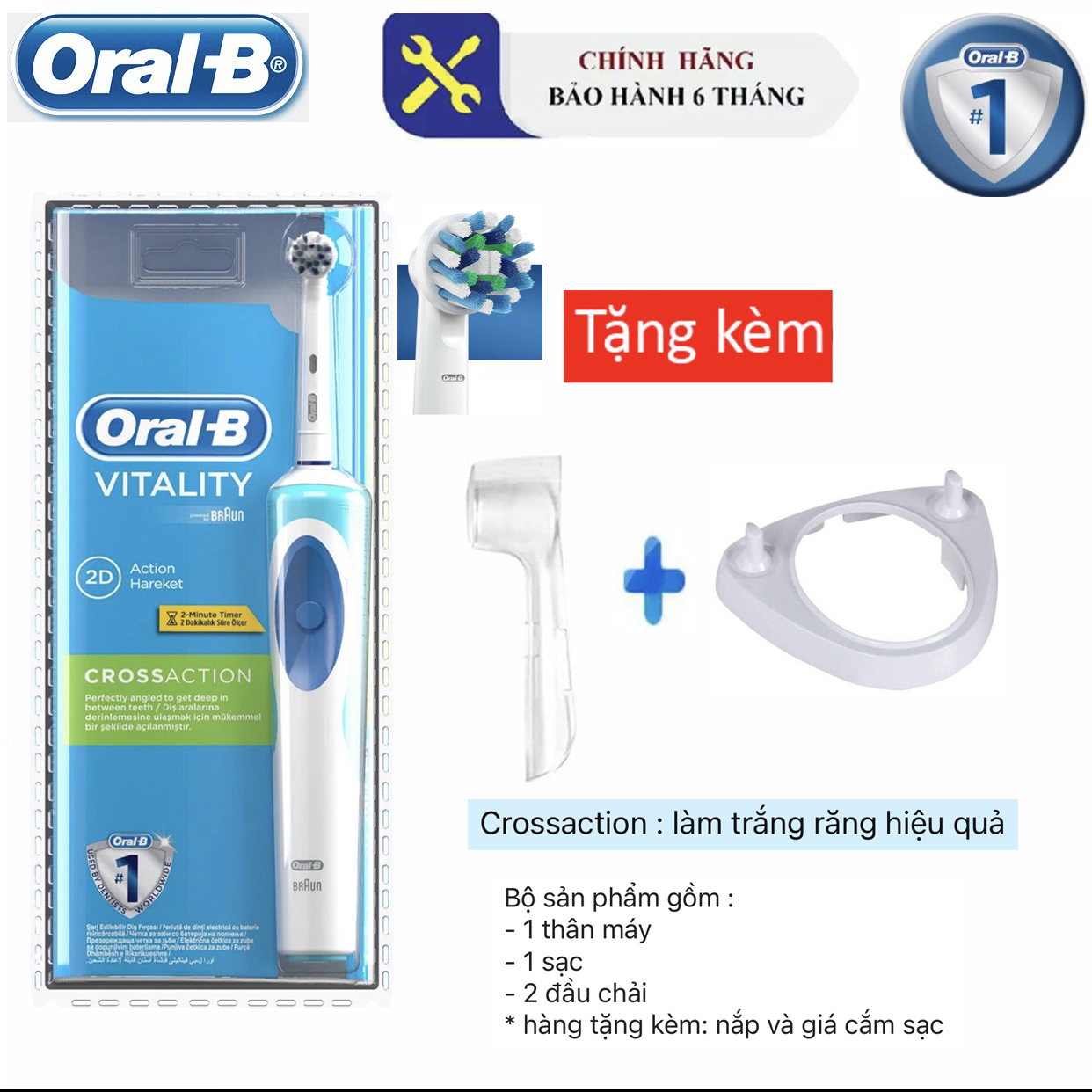 BÁO GIÁ BÀN CHẢI ĐÁNH RĂNG ĐIỆN ORAL B VITALITY | Shopee Lazada Sendo Tiki mới nhất 4 Bàn chải đánh răng điện Oral-B Vitality crossaction làm trắng răng (Bh 6th )+ Tặng nắp bảo vệ đầu bàn chải