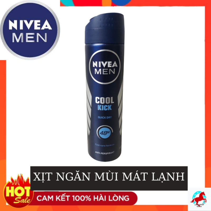 Xịt ngăn mùi NIVEA MEN Cool Kick mát lạnh (150ml)- LOILEOSHOP BC51- Không bổ sung cồn, không chất tạo màu, không chất bảo quản. Tạo cảm giác mát lạnh đầy hứng khởi. Giảm tiết mồ hôi và ngăn mùi hiệu quả đến 48 giờ