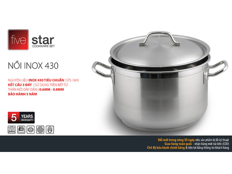 Nồi luộc gà Inox 3 đáy Fivestar Tân Hợp Thành đường kính 26cm/28cm/30cm/32cm nắp Inox dùng bếp từ - Hàng chính hãng, bảo hành 5 năm