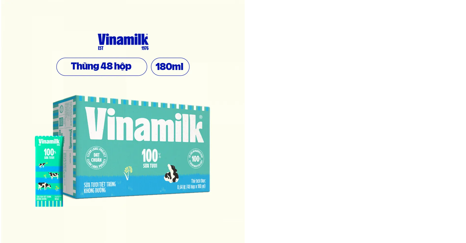 Thùng 48 Hộp Sữa tươi tiệt trùng Vinamilk 100% Không Đường 180ml