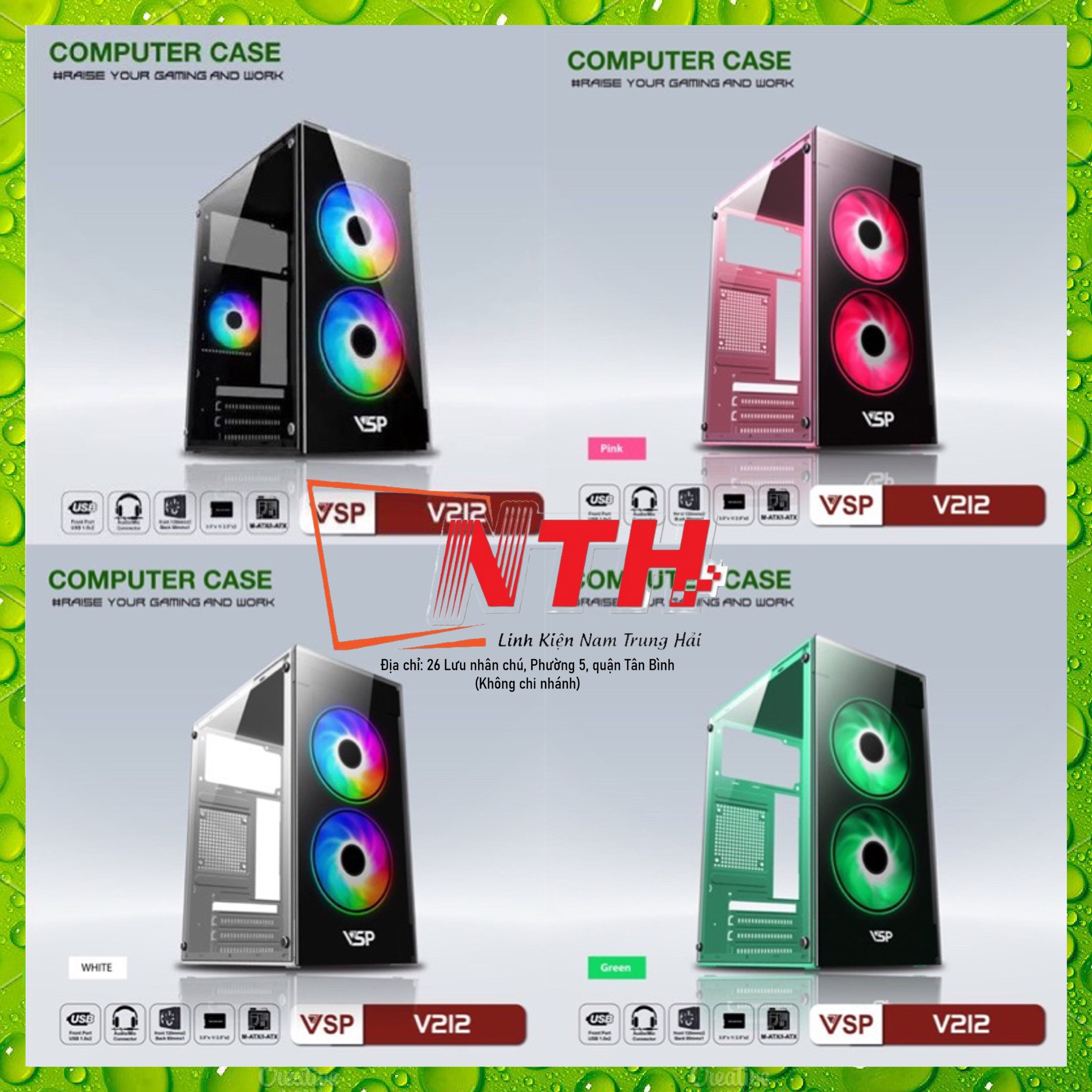 Vỏ case máy tính V212 Đen - Trắng - Hồng - Xanh