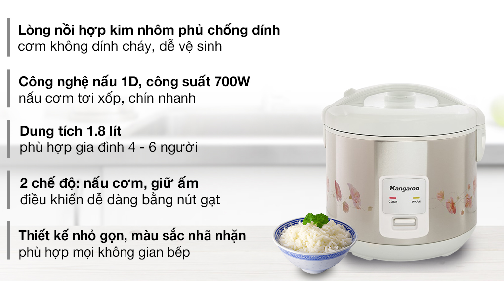 Nồi cơm điện nắp gài kangaroo 1.8 lít kg18rc3 hàng chính hãng