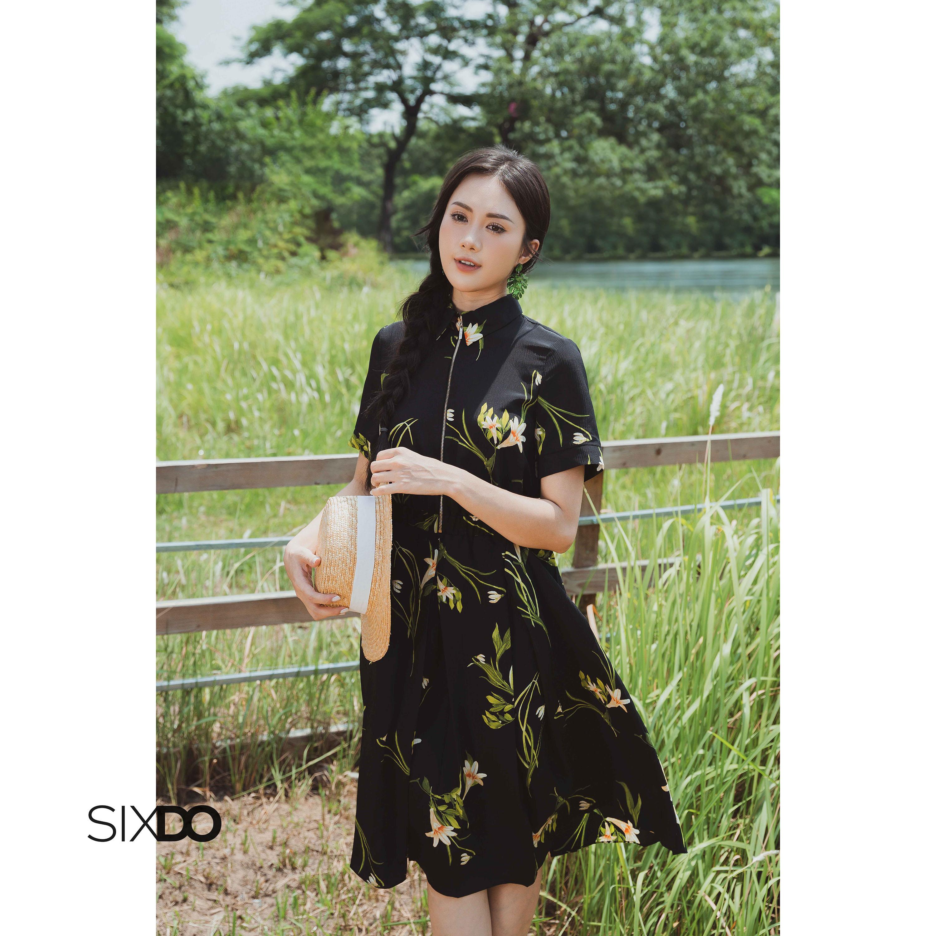 Đầm hoa midi dệt thoi cổ sơ mi phối khóa kéo trước ngực thời trang SIXDO