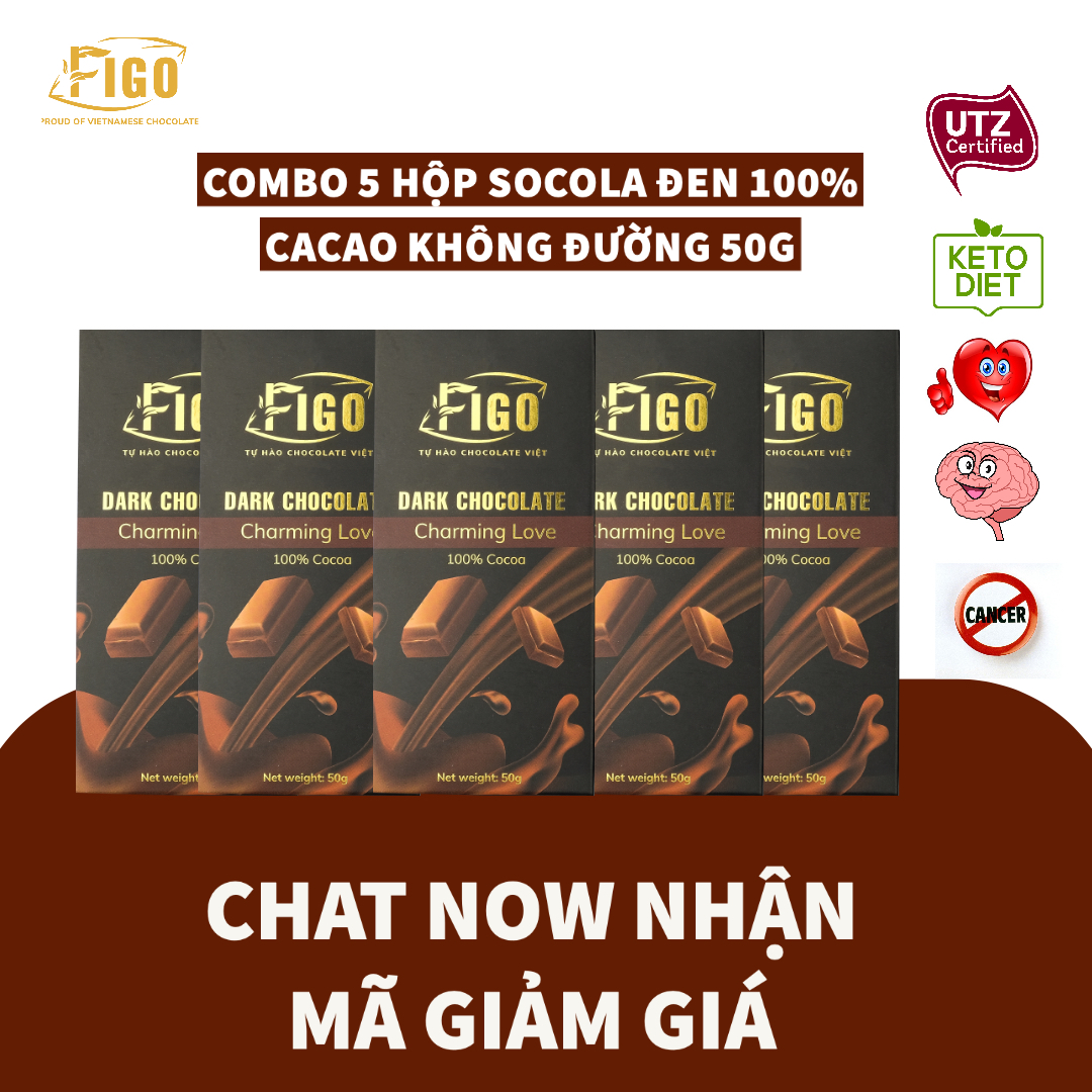 [RẺ VÔ ĐỊCH] Combo 5 thanh Socola đen không đường 100% cacao nguyên chất Figo 50g (keto, diet )