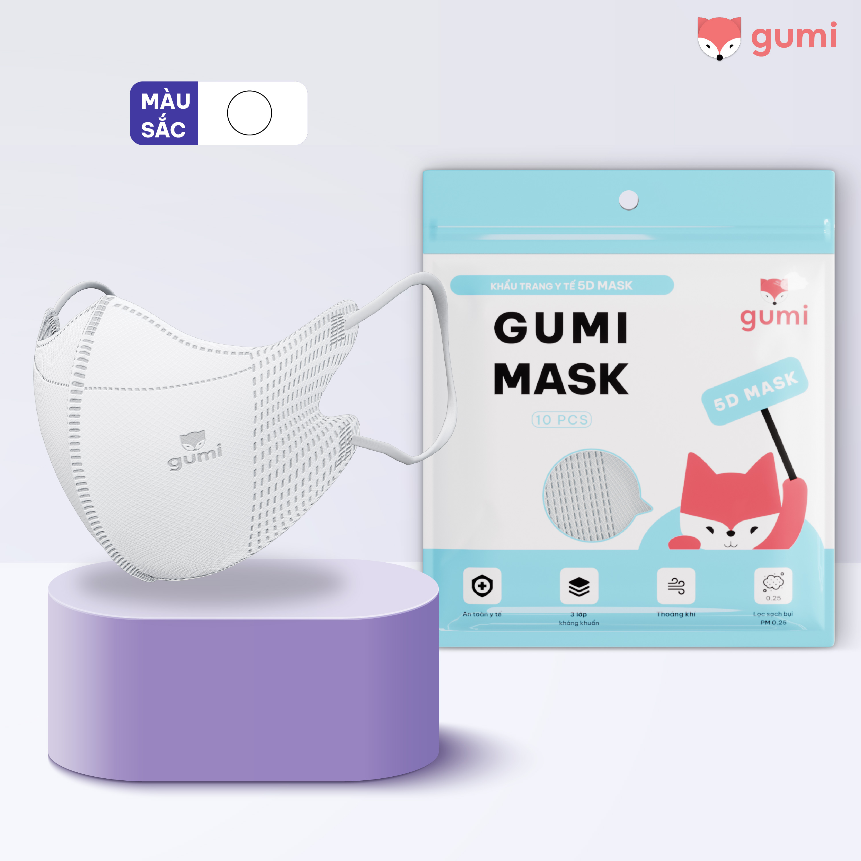 Khẩu trang y tế 5D Gumi mask 3 lớp kháng khuẩn lọc bụi PM 2.5