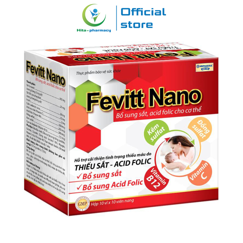 Viên uống bổ máu Fevitt Nano bổ sung Sắt, Acid Folic, giảm tình trạng thiếu máu - Hộp 100 viên nhập khẩu