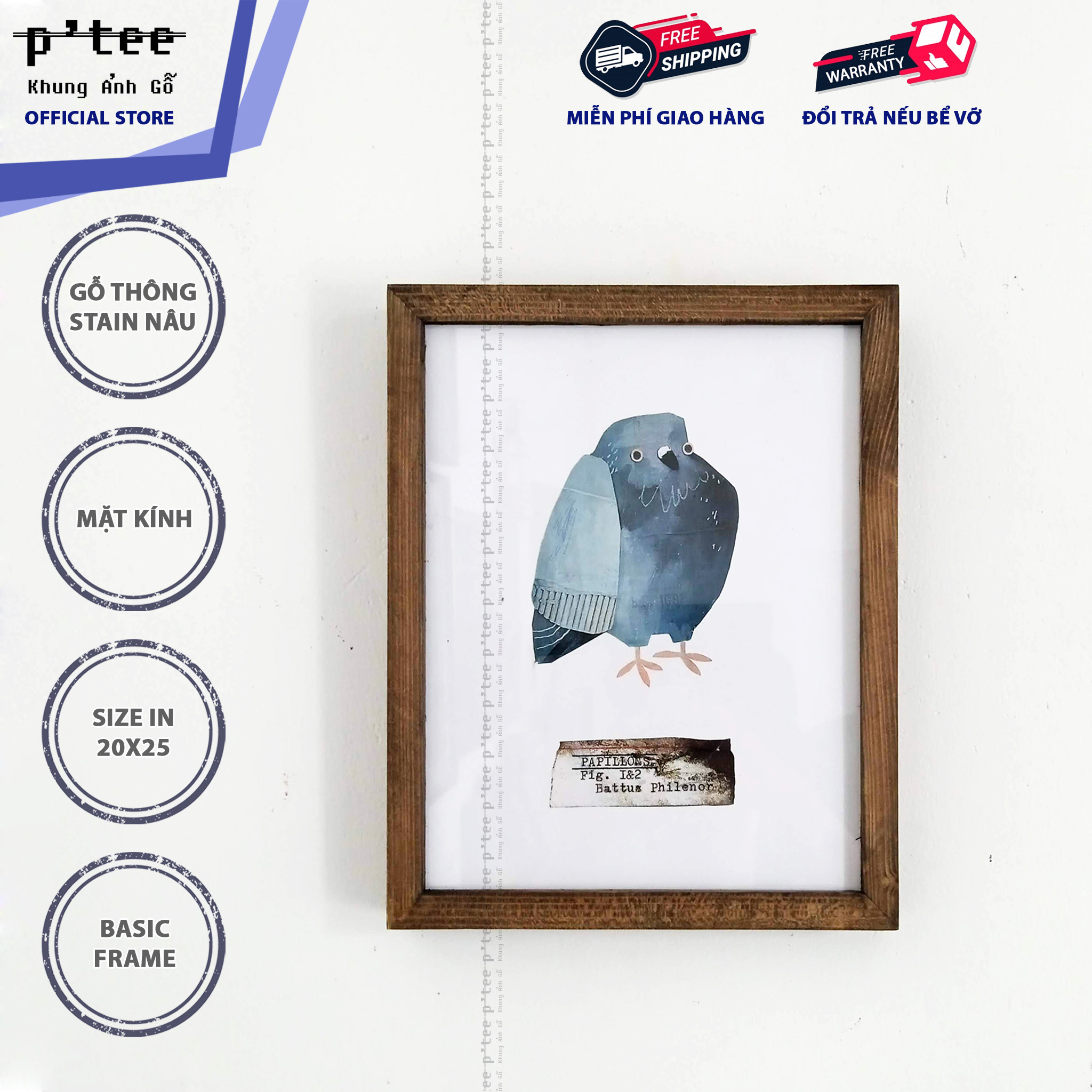 Photo Frame Wood Basic 20x25 Stain Brown - Picture Frame Pinewood and Glass Wall Art - Wood Frame By P'Tee