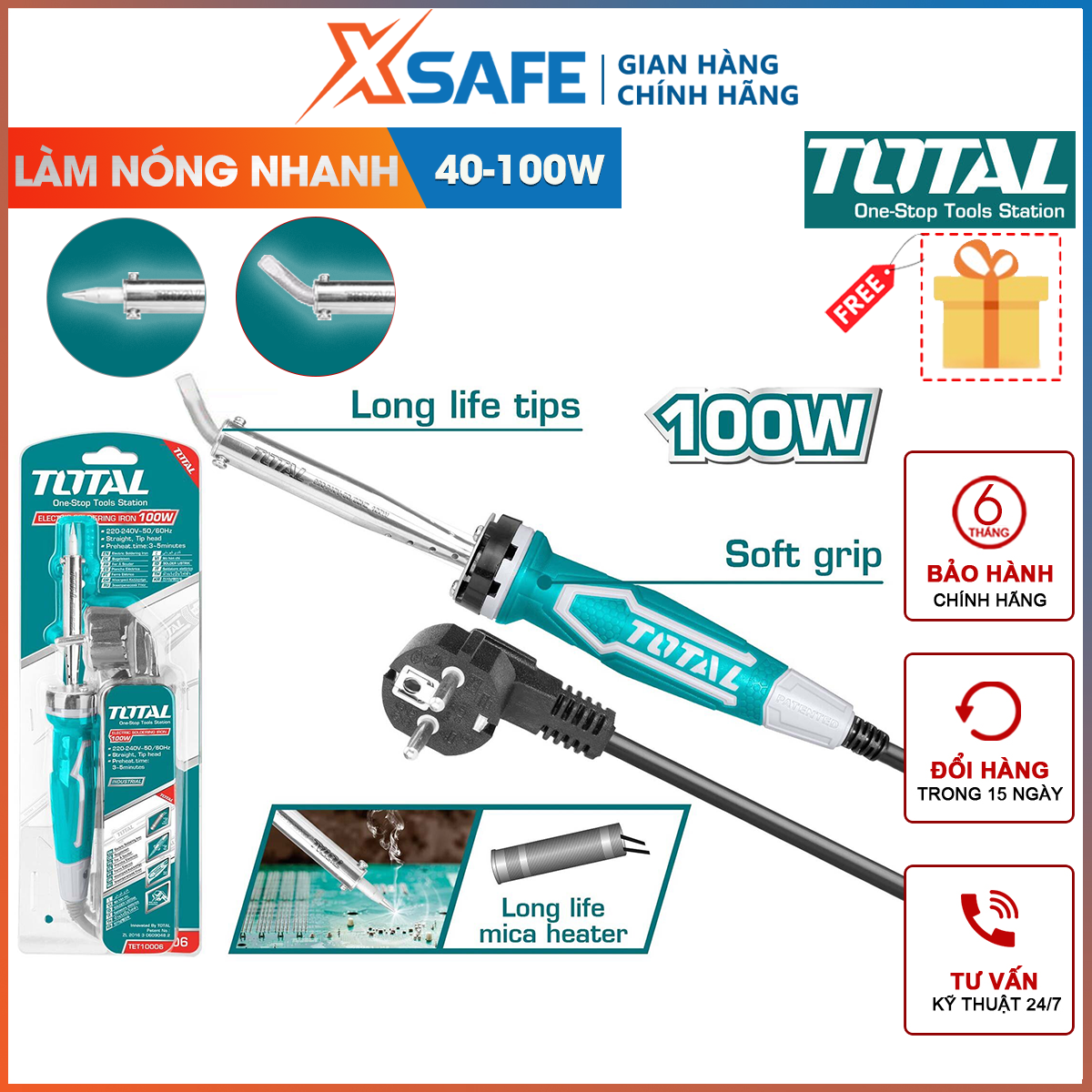 Soldering iron lead total TET2606 power 60W. Soldering iron lead-free portable voltage 220 to 240V, warm-up time from 3 đến 5 minutes, genuine warranty 3 month-distribution genuine xsafe