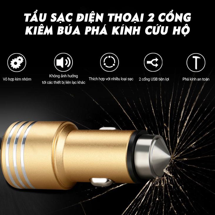 Tẩu Sạc Nhanh 3.1A 2 Cổng USB Kiêm Búa Phá Kính Thoát Hiểm Trên Xe Hơi, Ô Tô Con, Xe Tải