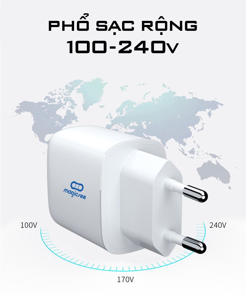 Củ sạc nhanh PD20W Magicsee E1 QC3.0 , tối đa 20W , 2 cổng USB và Type C
