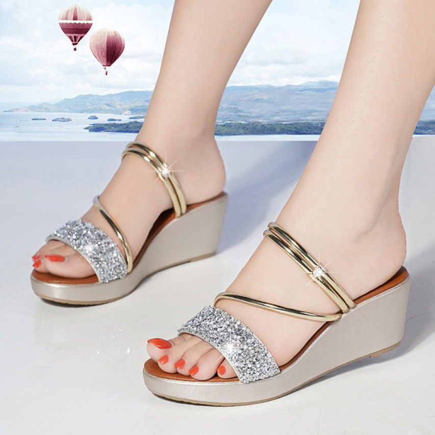 ( Bảo hành 12 tháng ) Giày đế xuồng nữ quai ngang kim tuyến phối quai mảnh mang 2 kiểu - Giày sandal đế xuồng 6cm - Giày nữ da mềm 2 màu Bạc và Đen - Linus LN126 giá rẻ