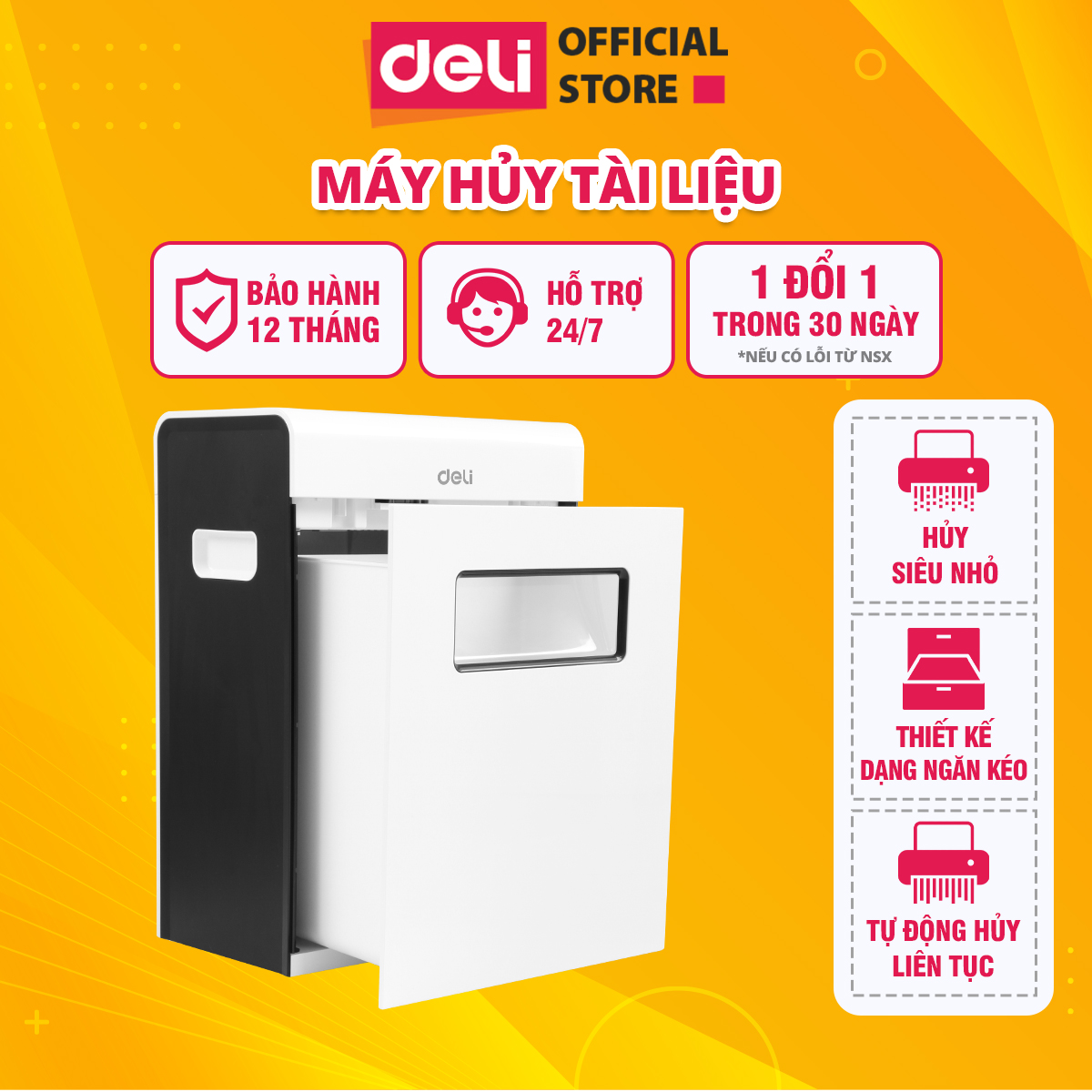Máy hủy tài liệu cao cấp deli chính hãng e9921 - máy băm máy hủy tài liệu siêu nhỏ thiết kế ngăn kéo dung tích khoang chứa 16l, hủy 6 tờ/lần, công suất 190w phù hợp cho bảo mật giấy tờ trong doanh nghiệp, văn phòng, nhà trường