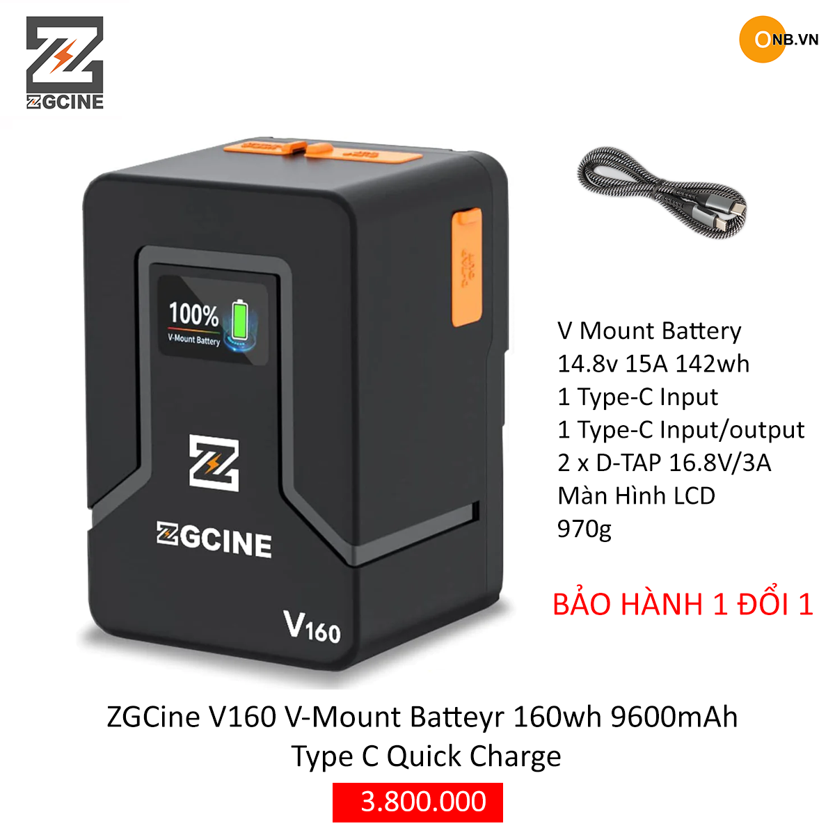 Zgcine v160 v-mount battery 142wh 9600mah type c quick charge
