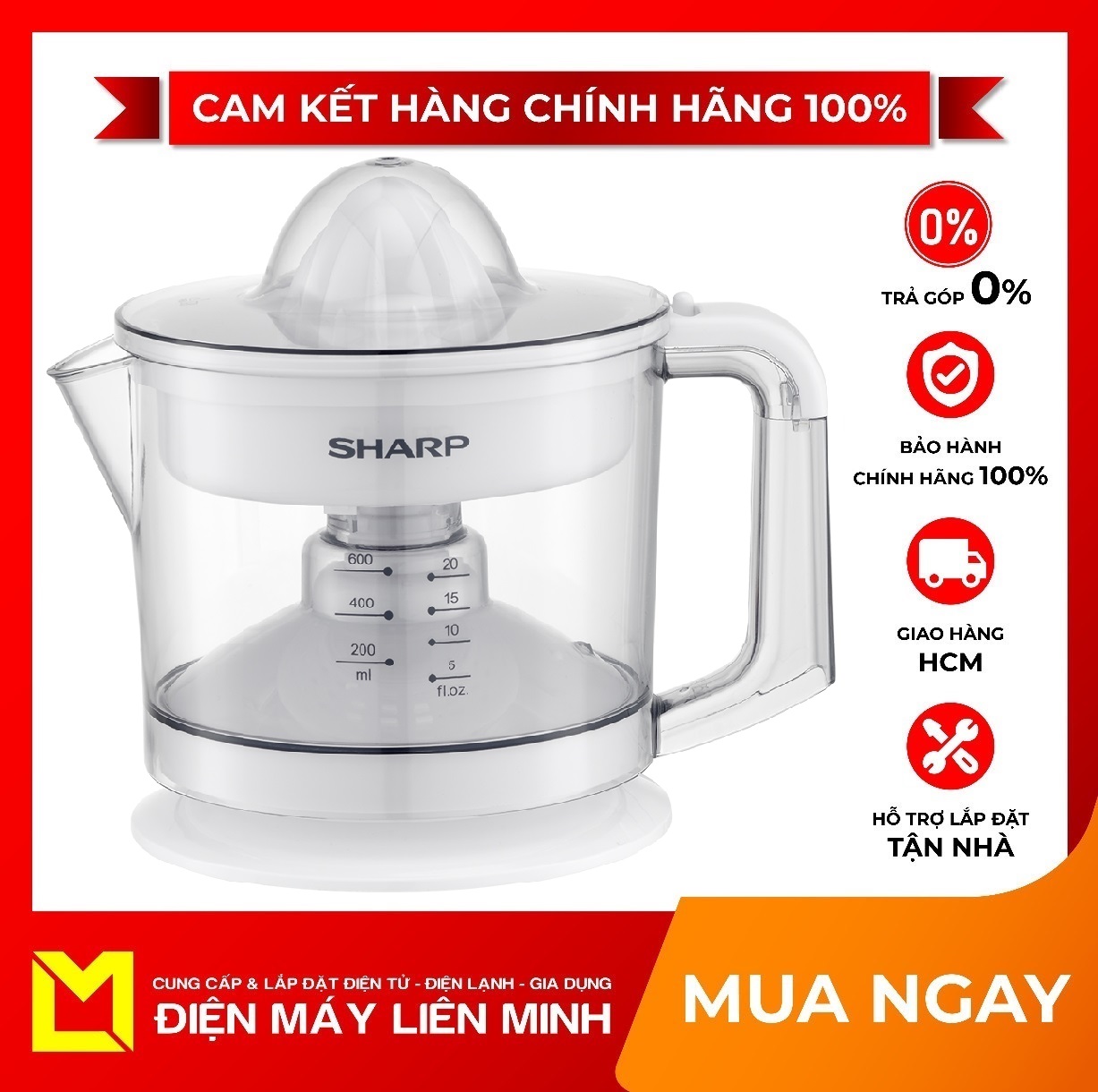 Máy vắt cam Sharp EJ-J256-WH - Đầu vắt tự động đảo chiều, Dùng ép các loại trái cây họ cam như cam, quýt, chanh, bưởi. Công suất 25 W vắt êm, hiệu quả, tiết kiệm điện. 2 đầu vắt, 2 khay lọc bằng nhựa