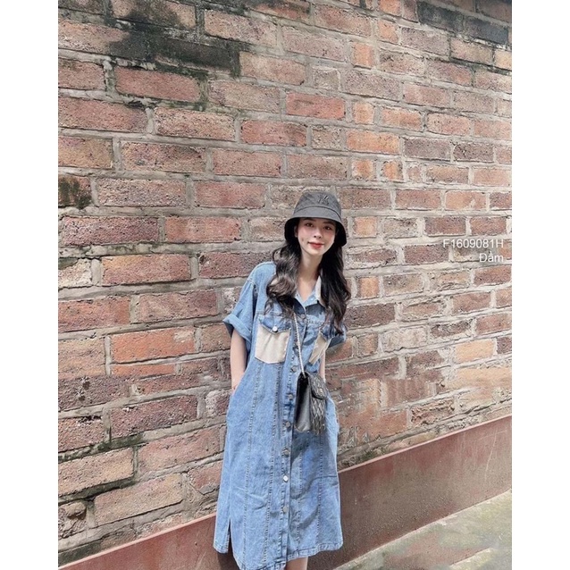 Đầm jeans xanh túi hộp phối màu