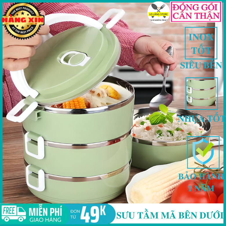 Hộp đựng cơm  giữ nhiệt 4 tầng lúa mạch ruột inox có quai xách tiện lợi cao cấp