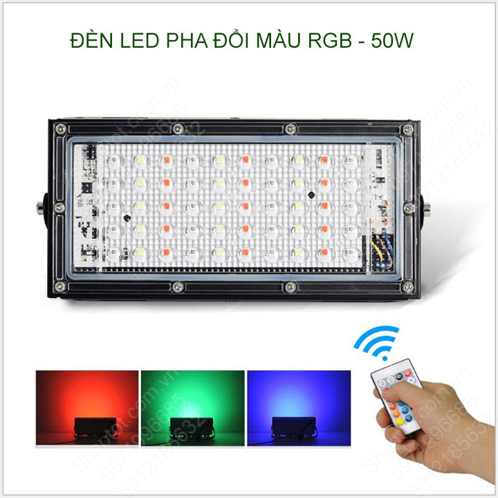 Đèn led pha đổi màu trang trí RGB 50W-220V kèm theo điều khiển từ xa-Remote