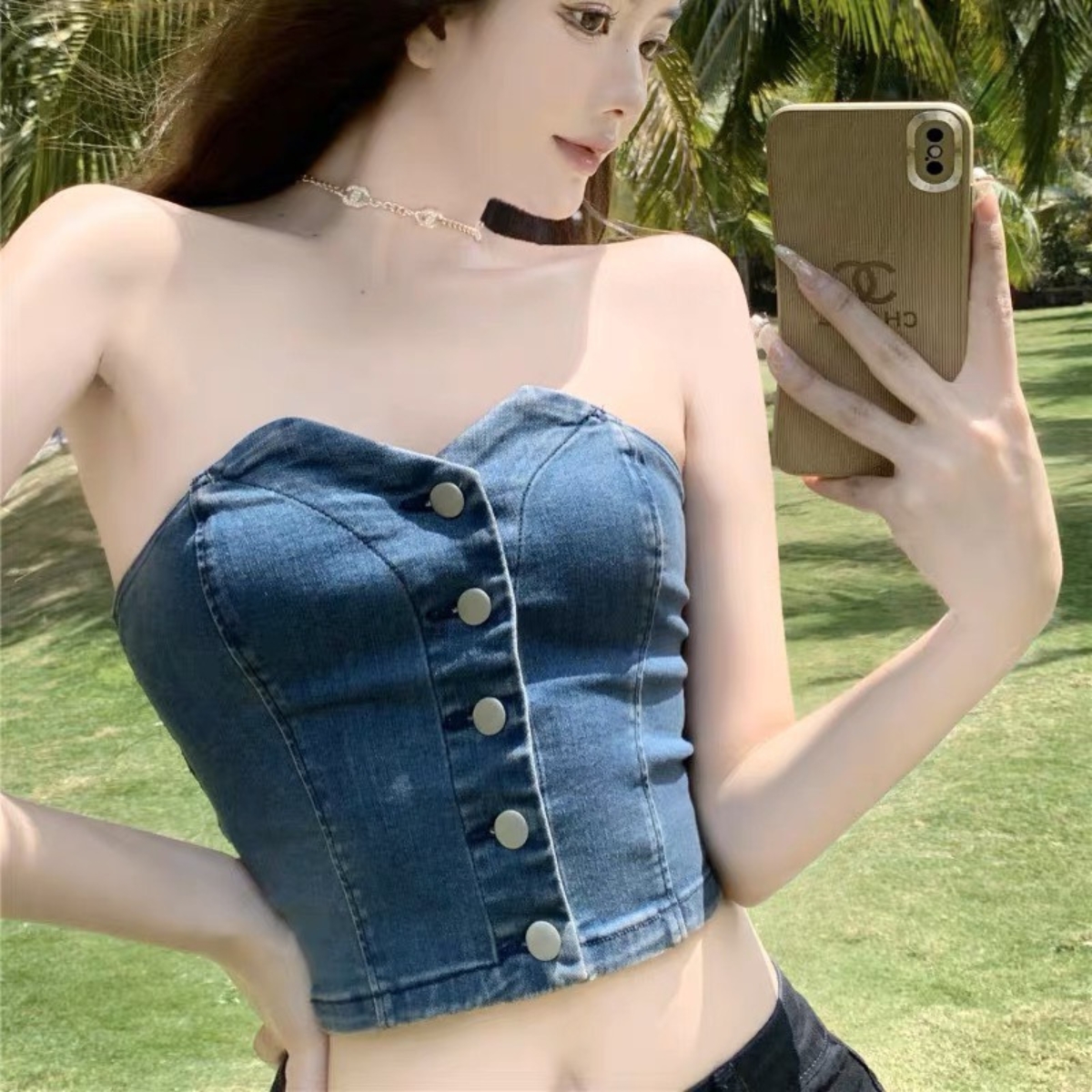 Áo ống jean kiểu cúc cài PINKSTORE29 phong cách quyến rũ A5594