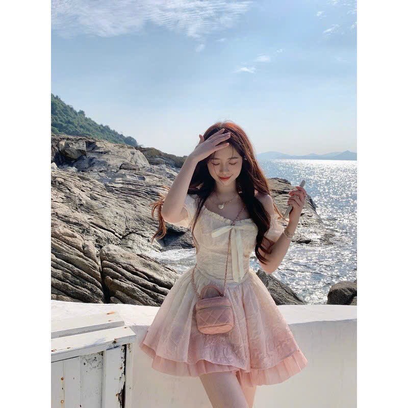 Đầm gấm Loang phối tơ cổ bèo cột nơ đẹp
