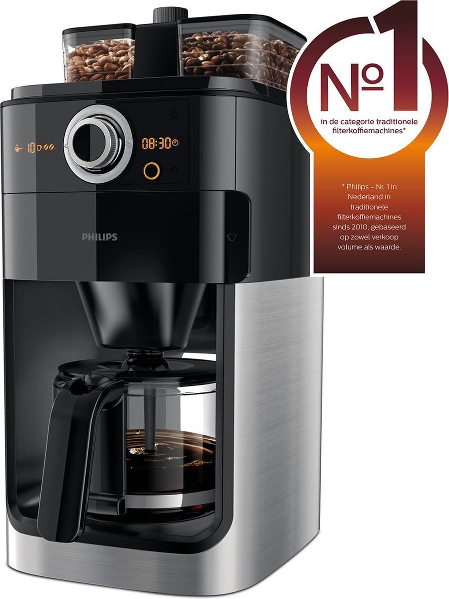 Philips Grind & Brew Coffee Machine, Built-In Grinder, Black, Metal