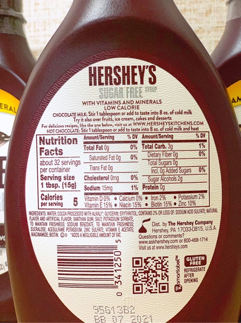 [Siro không đường] Syrup chocolate Hershey's không đường( eat clean, gymer, tiểu đường, keto)