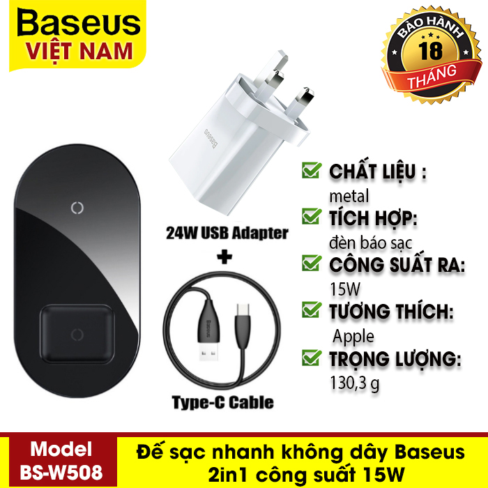 Đế sạc nhanh không dây Baseus Simple 2in1 Wireless Charger công suất 15W