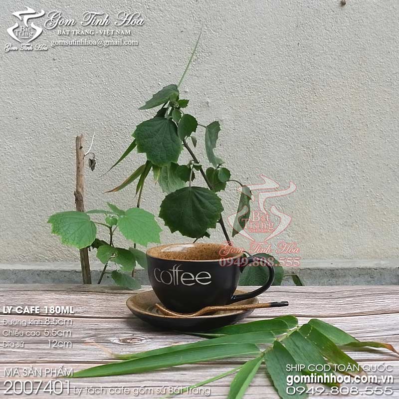Ly tách uống trà cafe 180ml men đen lòng gốm