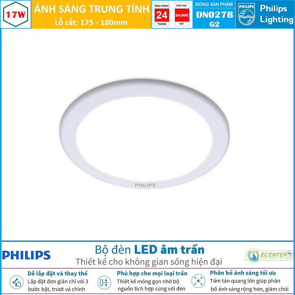 Đèn Led Âm trần 17W Philips Downlight DN027B G2 LED15 D175 ( Ánh Sáng Vàng & Trung Tính & Trắng )