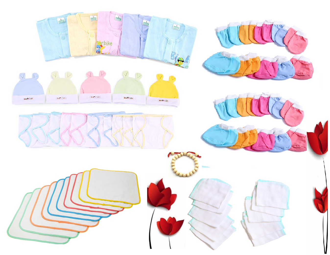 [TẶNG VÒNG DÂU TẰM] Combo 60 Món Đồ Dùng cotton Cho Bé Sơ Sinh( 5 áo cotton + 5 nón + 10 tã dán + 10 tã lót + 10 khăn sữa + 10 cặp bao tay + 10 cặp bao chân)