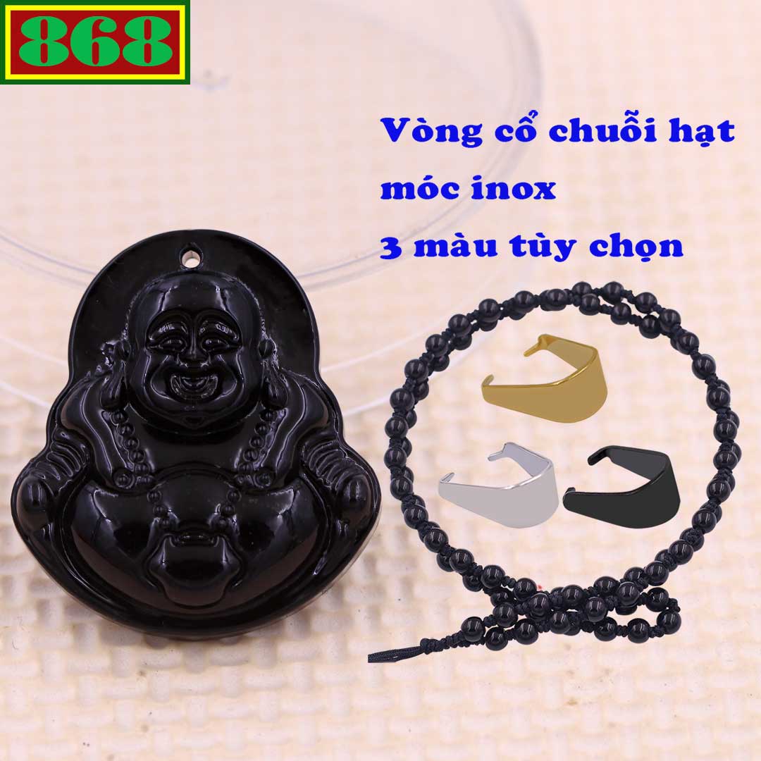 Mặt Phật Di lặc đá thạch anh đen 4.3 cm kèm vòng cổ hạt chuỗi đá đen + móc inox, mặt dây chuyền Phật cười