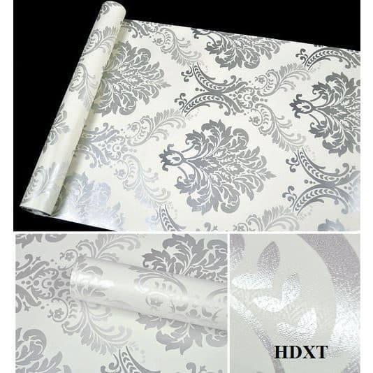 10m giấy dán tường họa tiết châu âu bạc ( cuộn dài 10m, khổ rộng 45cm, giấy có keo sẵn)
