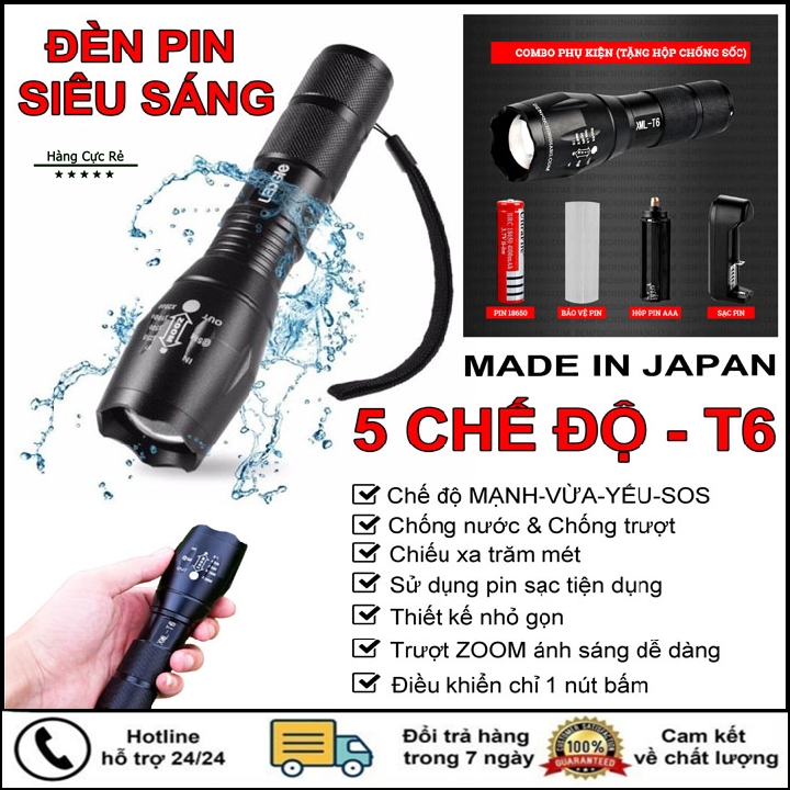 [HCM]Đèn pin siêu sáng 5 chế độ chiếu xa trăm mét T6 - Bộ sản phẩm gồm 1 đèn pin led mini cầm tay 1 pin sạc 1 bộ sạc 1 dụng cụ xài pin AAA 1 đồ bảo vệ pin 1 hộp đựng - Shop Hàng Cực Rẻ