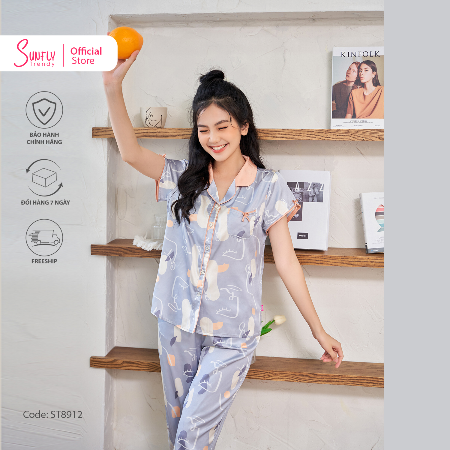 [VOUCHER ĐỘC QUYỀN 15.1 - GIẢM 15% TỐI ĐA 100K]Bộ Đồ Mặc Nhà Nữ Pyjamas Lụa SUNFLY Áo Cộc Quần Dài ST8912