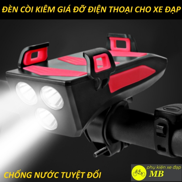đèn xe đạp siêu sáng pin sạc usb tính năng 4 trong 1 ( đèn, còi, giá đỡ điện thoại, sạc dự phòng) chống nước tuyệt đối độ sáng 1000 lumen bảo hành 6 tháng tặng kèm dây sạc