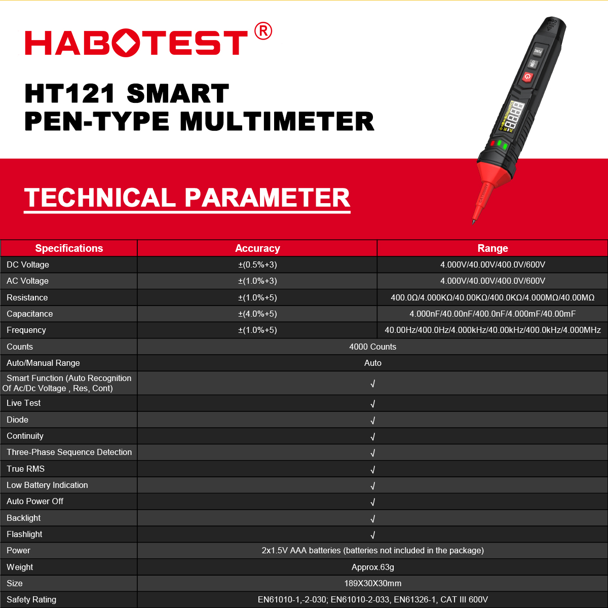 HABOTEST HT121 Kiểu bút Đa đo kỹ thuật số 600V DC / AC Máy kiểm tra điện áp True RMS 4000 Đếm Voltmeter NCV Dây trực tiếp & Phát hiện chuỗi pha