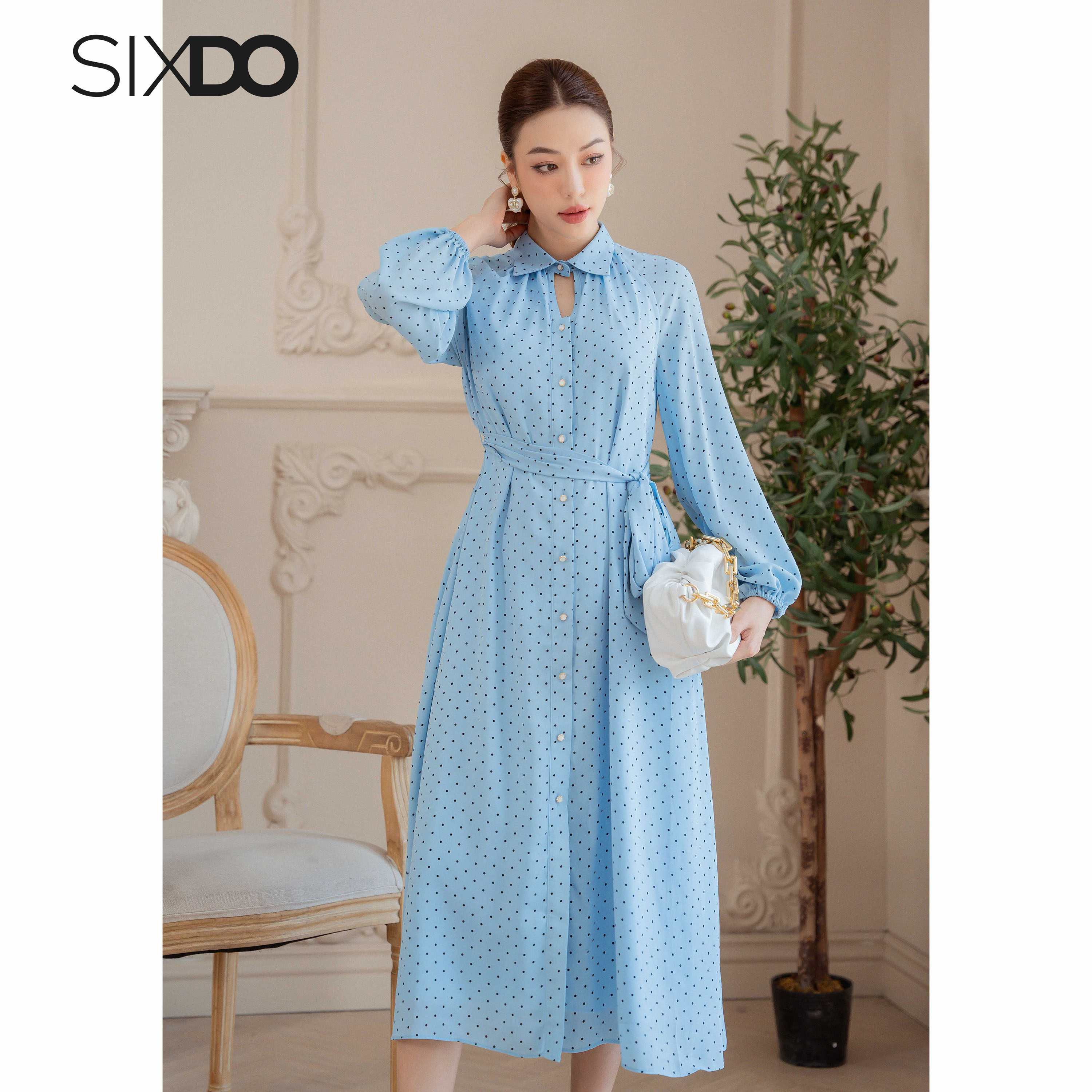 Đầm sơ mi chiffon chấm bi dài tay SIXDO (Blue Polka Dot Midi Chiffon Dress)