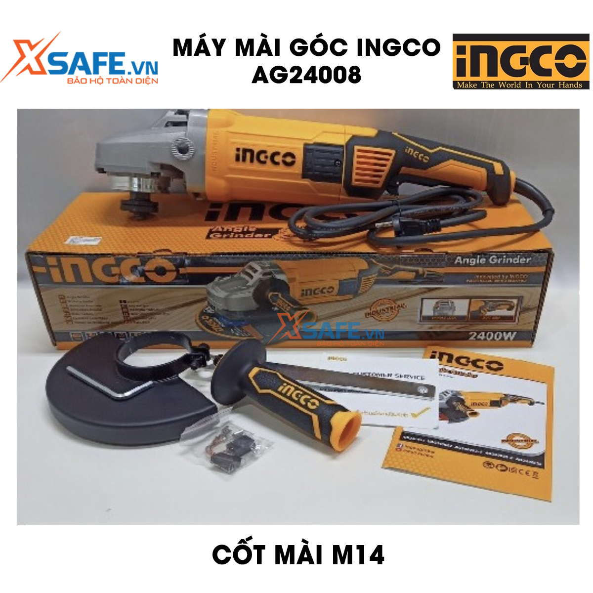 Máy mài cầm tay 2400W Ingco AG24008 máy mài góc tốc độ không tải 6300 rrpm, đường kính đĩa mài 180mm lỗ cốt M14