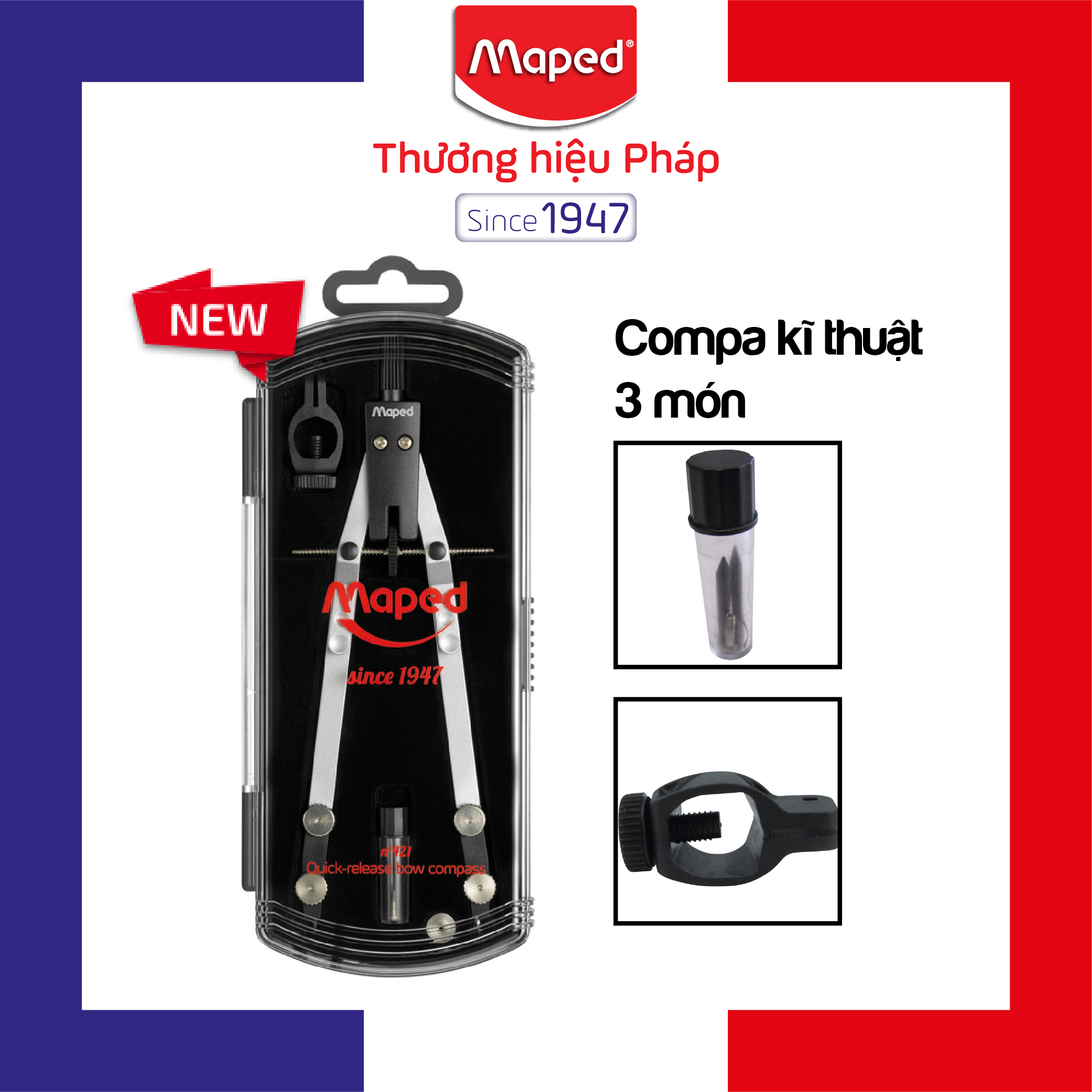 MAPED - Hộp Compa kỹ thuật Metal Bow (vẽ được vòng tròn đường kính 30cm) - 1 set