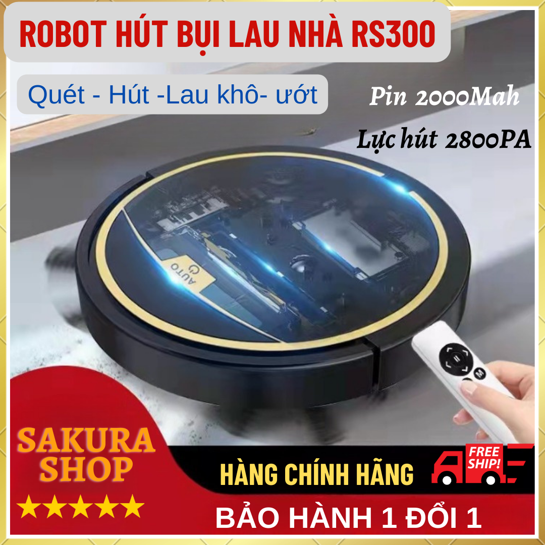 Robot hút bụi lau nhà RS300 Lau khô ướt Hộp nước riêng Cảm biến chống rơi Làm việc theo sơ đồ Lực hút cực mạnh Bảo hành 1 đổi 1