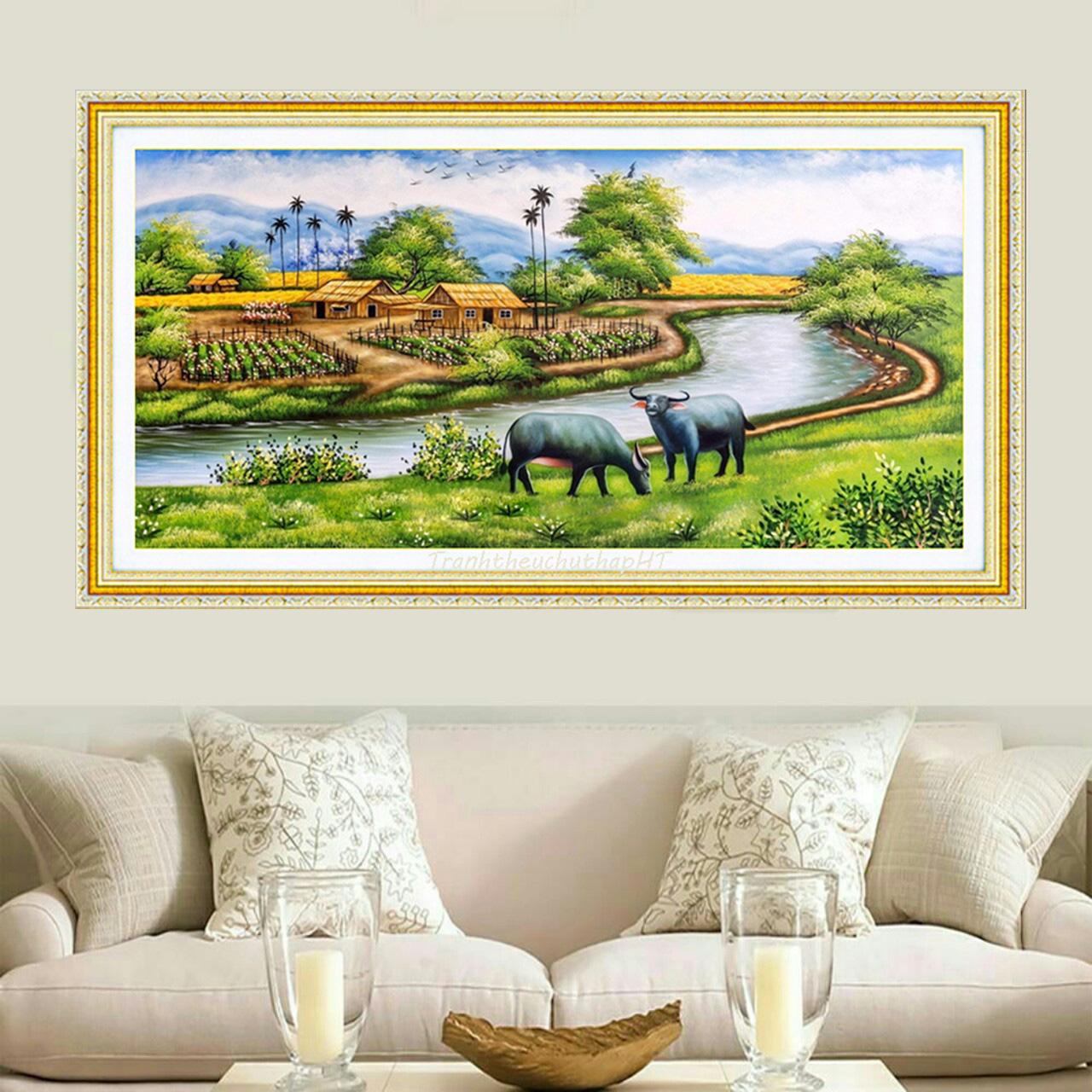 Tranh đính đá phong cảnh Làng quê thanh bình LV045 - tự đính