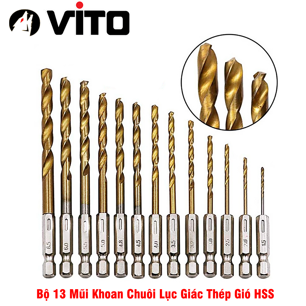 Bộ 13 mũi khoan chất liệu thép gió hss bọc titanium vito chuôi lục giác khoan gỗ, nhựa