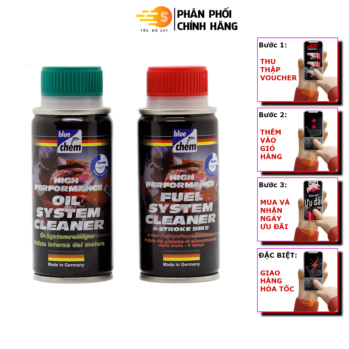 Bộ 2 phụ gia xăng 33017 và nhớt 33027 cao cấp cho xe máy Bluechem - Tốc Độ 247, Phục hồi và làm gia tăng hiệu suất của động cơ xe