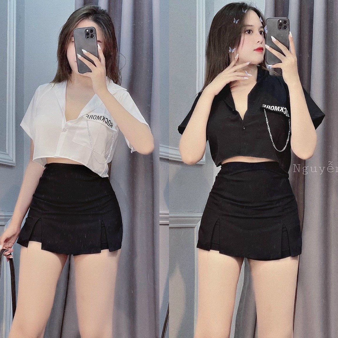 SET BỘ ÁO SƠ MI TAY NGẮN CÓ TÚI KÈM XÍCH PHỐI QUẦN GIẢ VÁY XẺ ĐÙI 2 BÊN NỮ TÍNH