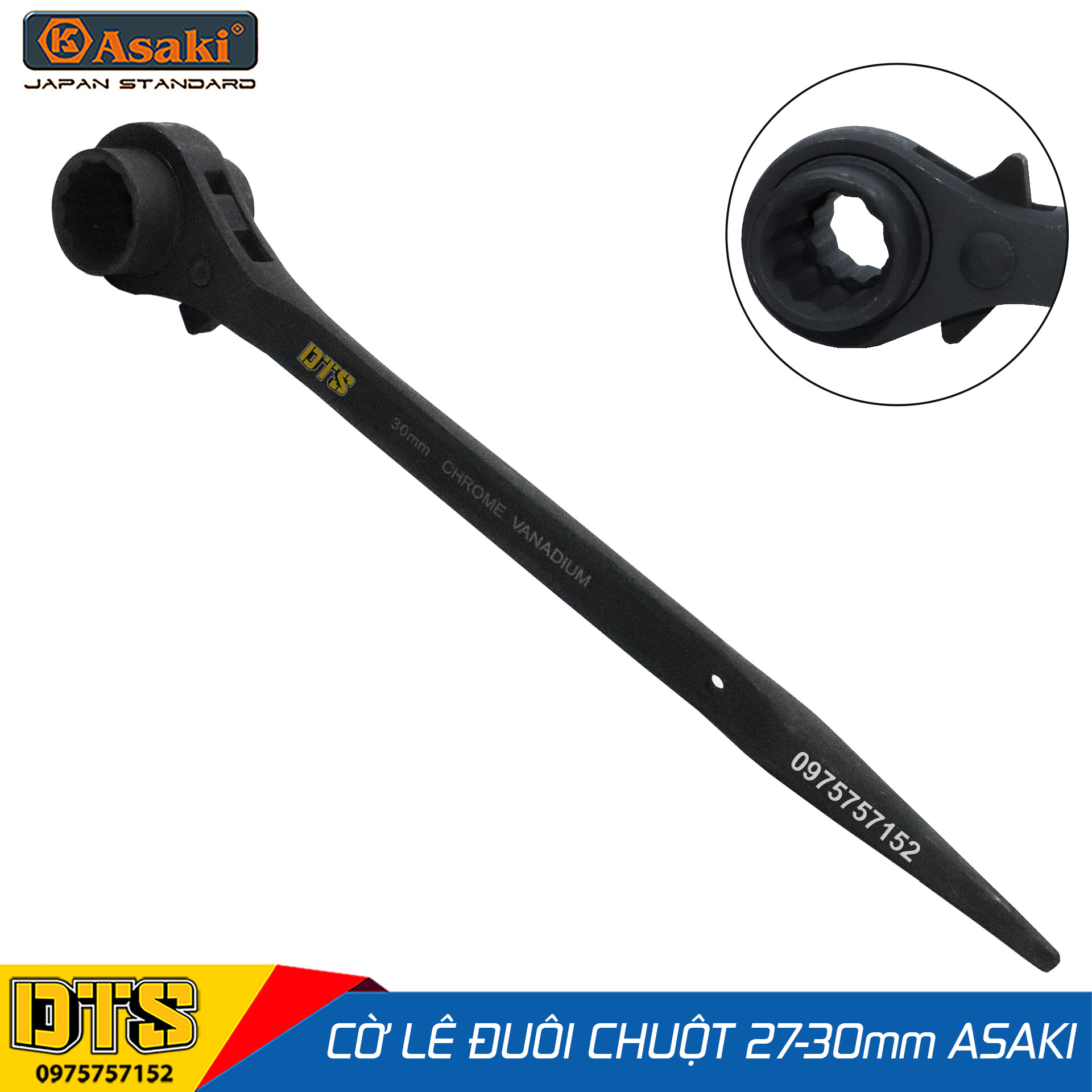 Cờ lê đuôi chuột cao cấp 27-30 mm Asaki AK-6459, cờ lê giàn giáo 2 đầu tuýp tự động thép Chrome Vanadium, công tắc đảo chiều, clê tuýp giàn giáo đa năng