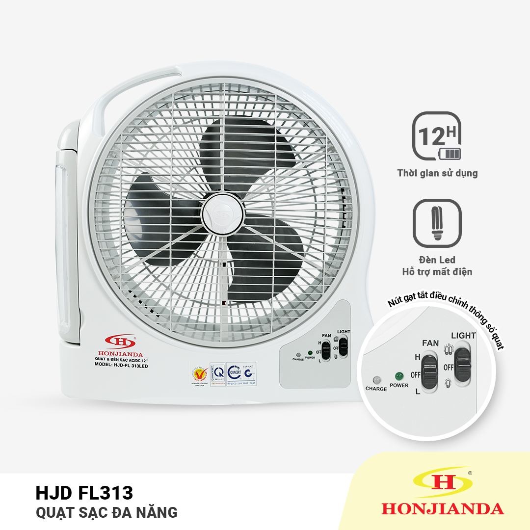 Quạt sạc tích điện dạng hộp AC&DC 12 inch Honjianda FL323/FL313 1-2 bình - có đèn LED & USB