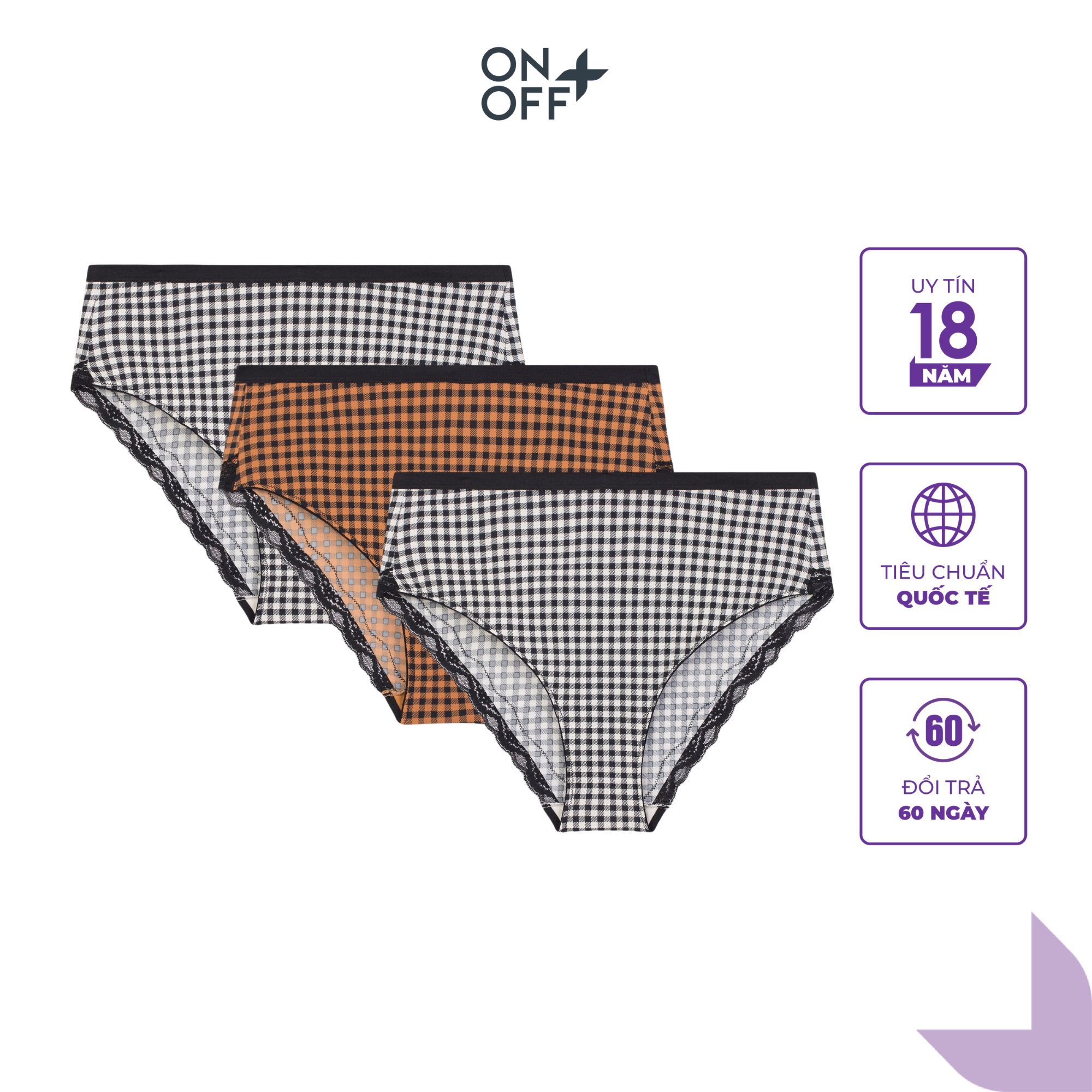 Combo 3 quần lót lụa nữ microfiber onoff dáng briefs họa tiết caro onoff - 16uq23a005