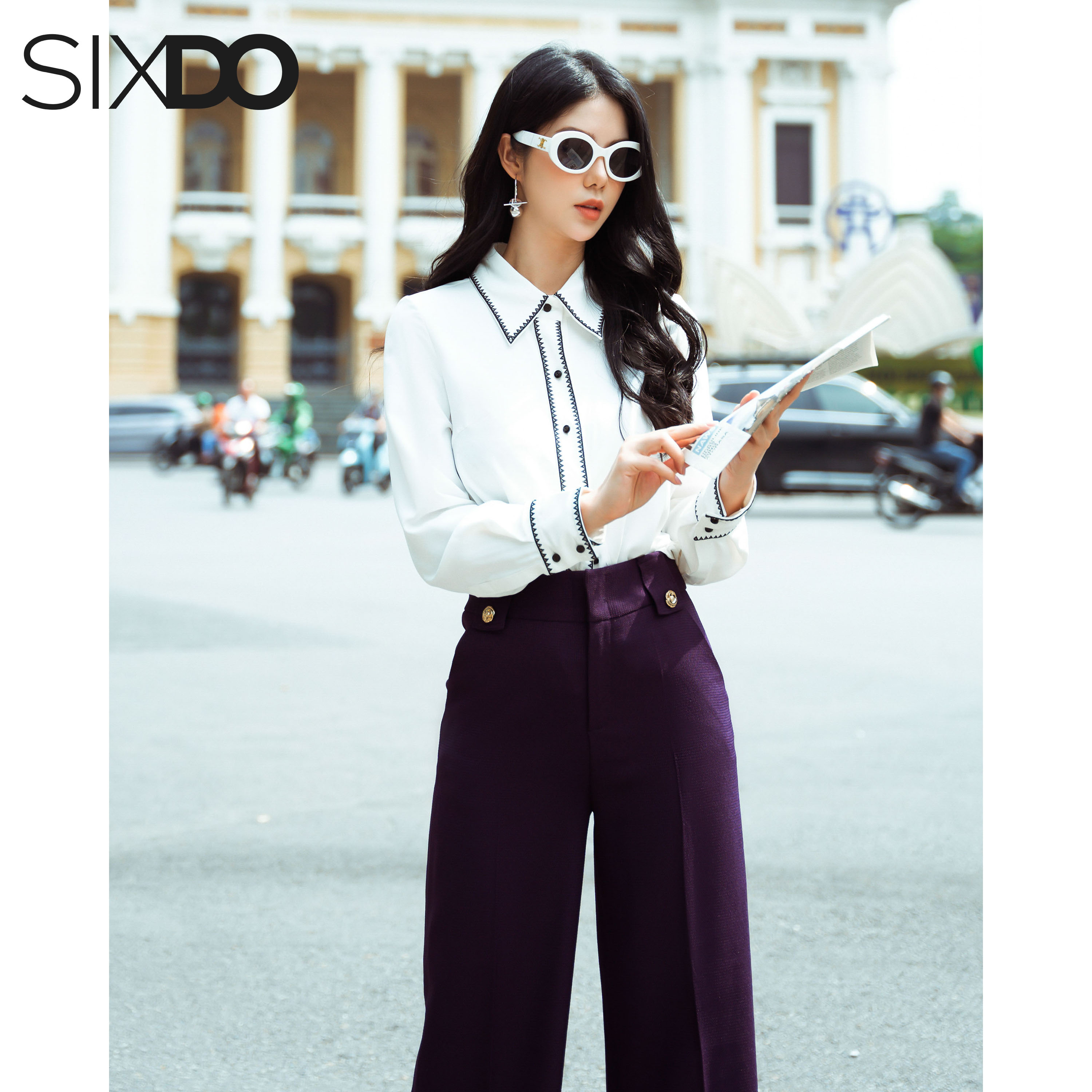 Áo sơ mi nữ lụa trắng viền đen SIXDO (White Long Sleeves Silk Shirt)