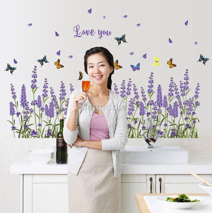 decal dán Hoa lavender tím chân tường
