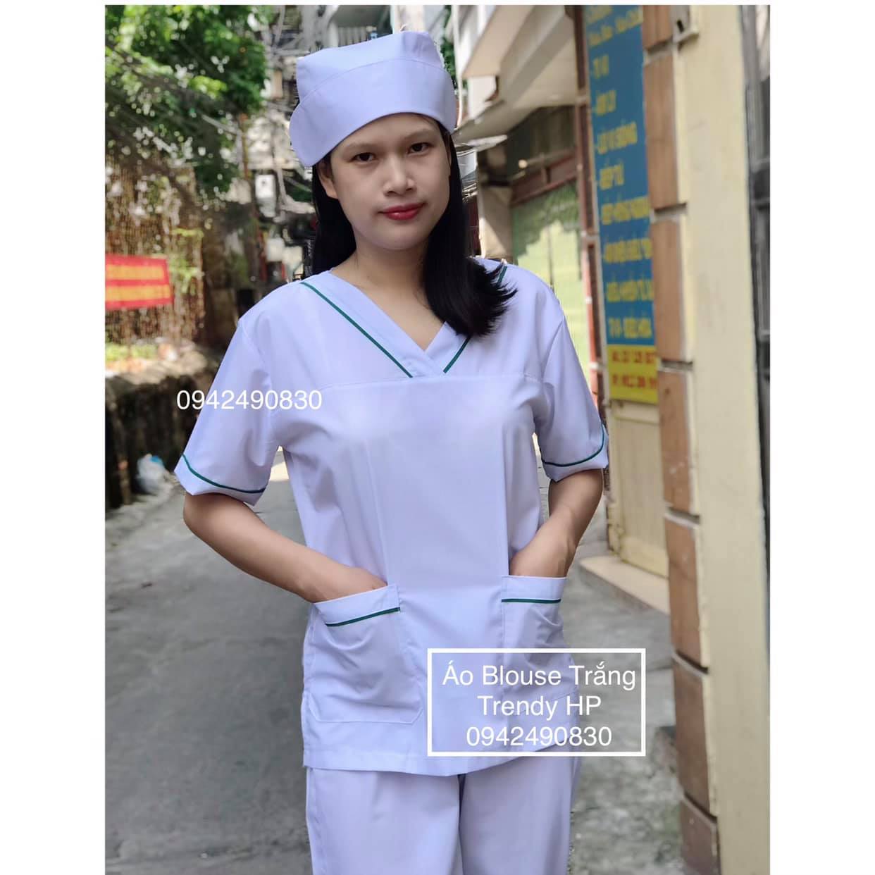 Bộ Quần Áo Blouse Cổ Tim Trắng Viền Xanh Lá Cho Điều Dưỡng, Dược Sỹ, Y Tá,  Thẩm Mỹ Viện | Lazada.Vn