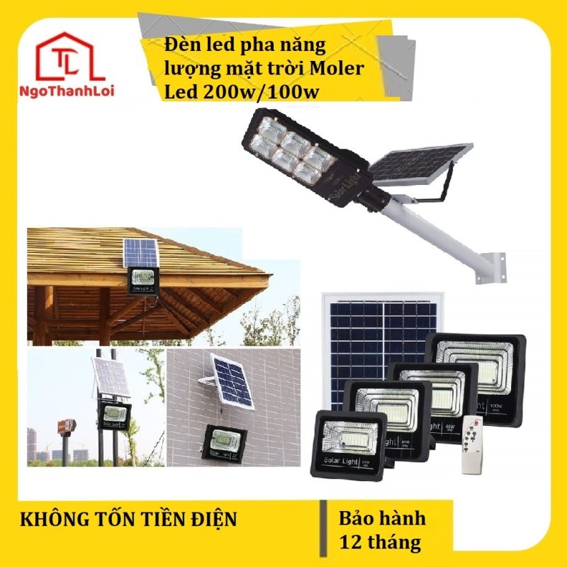Đèn led pha năng lượng mặt trời Moler Led 100w/200w kèm tấm pin rời, có remote, có cảm biến tự động, dây nối 5m giá tốt